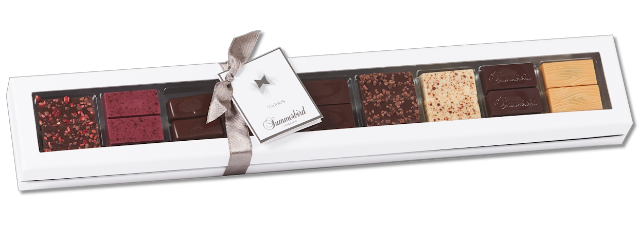 Summerbird eksklusiv chokoladegave�ske med fyldte chokolader og luksuschokolade fra Danmark