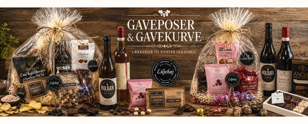 Gavekurve og gaveposer fra Liljeh�j med Holb�k Bryghus �l, Summerbird chokolade, Bagsv�rd Lakrids og udvalgte gourmetdelikatesser