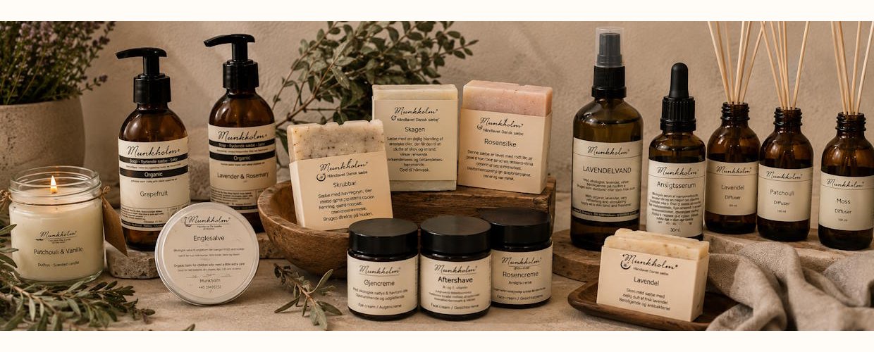 Munkholm �kologisk hudpleje og naturkosmetik med h�ndlavede s�ber, ansigtsserum, lavendelvand, duftpinde, duftlys og cremer i naturlig nordisk stil hos Liljeh�j.