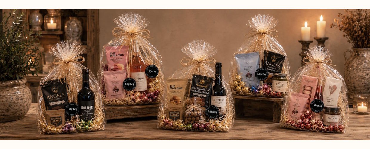 Gavekurve og gaveposer fra Liljeh�j med Holb�k Bryghus �l, Summerbird chokolade, Bagsv�rd Lakrids og udvalgte gourmetdelikatesser