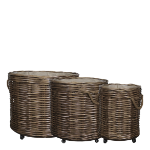 Fransk kurv m. hjul s�t af 3 i m�rk natur til stilfuld opbevaring