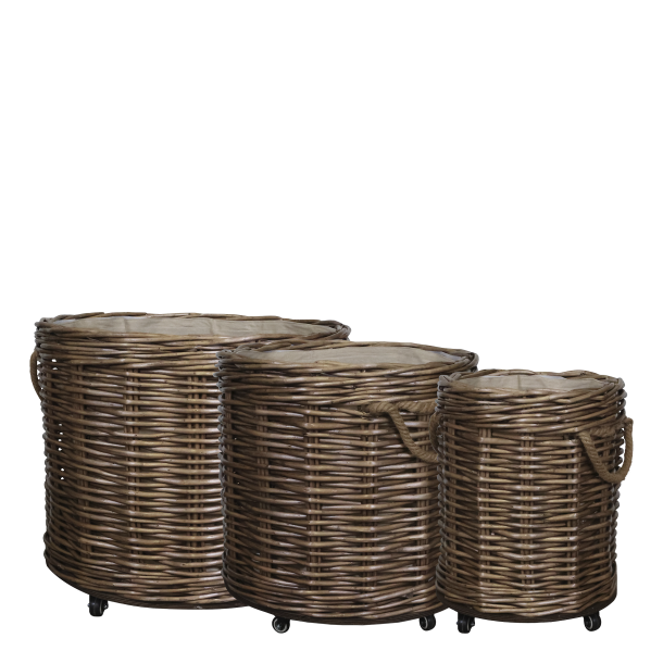 Fransk kurv m. hjul s�t af 3 i m�rk natur til stilfuld opbevaring
