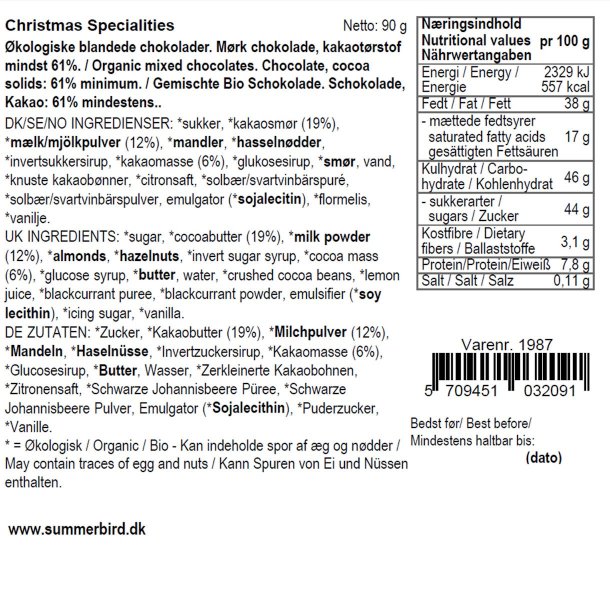 N�ringsindhold og ingredienser til Summerbird Christmas Specialities