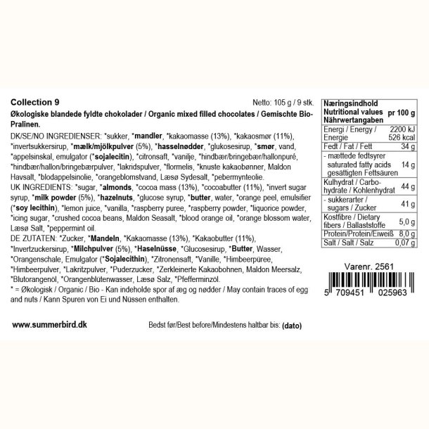 Ingrediensdeklaration p� Summerbird Collection 9, �kologisk chokolade