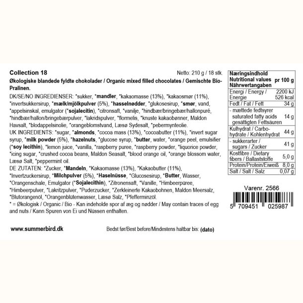 Ingrediensdeklaration p� Summerbird Collection 18, �kologisk chokolade