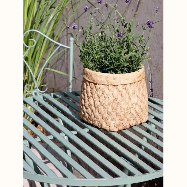 detalje af bordplade med plante p� gr�nt caf�s�t