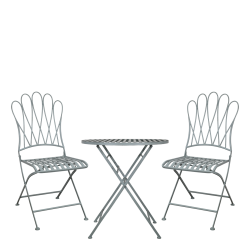 caf�s�t i jern med bord og to stole i lysebl�