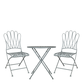 caf�s�t i jern med bord og to stole i lysebl�