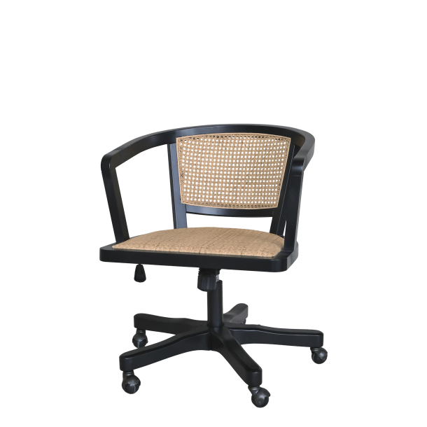 fransk kontorstol i sort tr� med flets�de og hjul