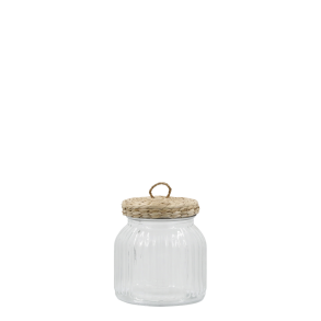 Opbevaringsglas med fletl�g i glas med l�g i naturmateriale