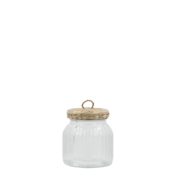 Opbevaringsglas med fletl�g i glas med l�g i naturmateriale