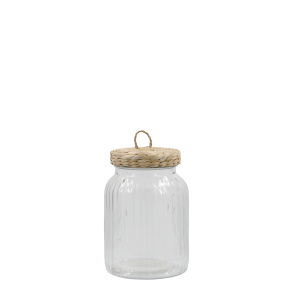 Opbevaringsglas med fletl�g i glas med l�g i naturmateriale