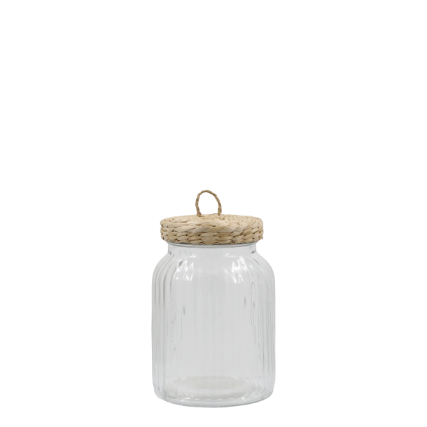 Opbevaringsglas med fletl�g i glas med l�g i naturmateriale