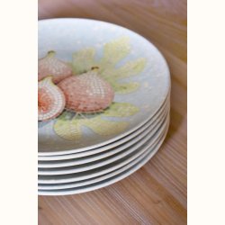 stabel af tallerkener med figenmotiv i stent�j Chartres serie