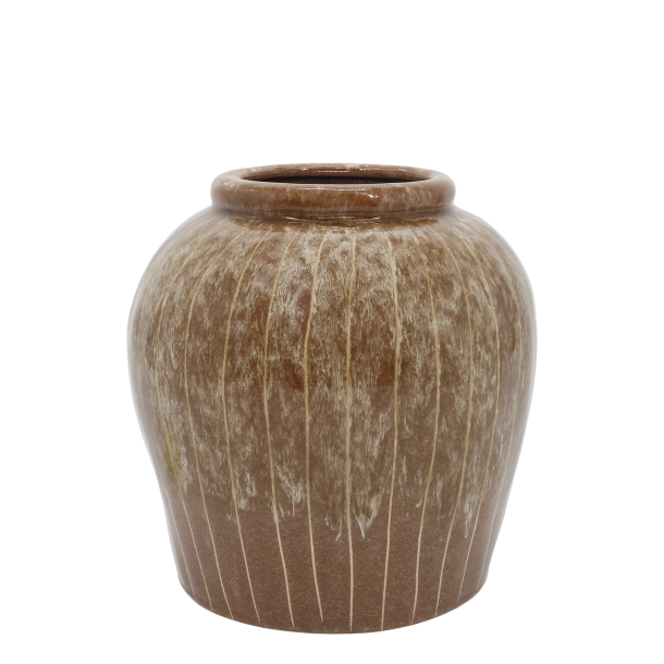 Stribet keramikvase i mocca farve