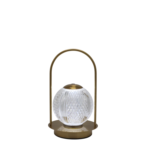 Opladelig LED bordlampe i antique messing med facetsleben sk�rm