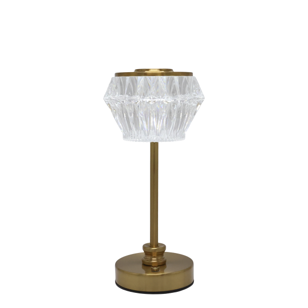 Opladelig LED bordlampe i antique messing med facetsleben sk�rm