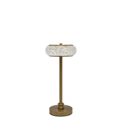 Opladelig LED bordlampe i antique messing med dekorativ krystalsk�rm