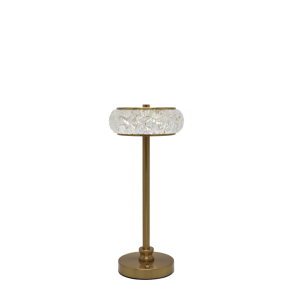 Opladelig LED bordlampe i antique messing med dekorativ krystalsk�rm