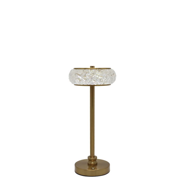 Opladelig LED bordlampe i antique messing med dekorativ krystalsk�rm