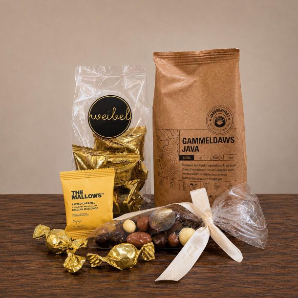 Indhold i Gavepose 149 nr. 2 med kaffe, chips, lakrids med chokolade og konfekt fra Liljeh�j