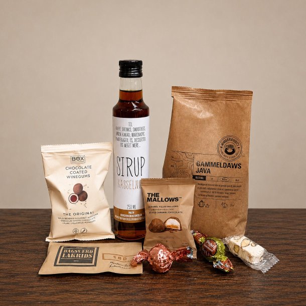 Indhold i Gavepose 199 nr. 1 med kaffe, sirup, lakrids, vingummi med chokolade og s�de specialiteter