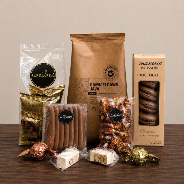 Gavepose 249 nr. 2 med kaffe, tr�fler, bolcher, macarons og chokolade flot indpakket