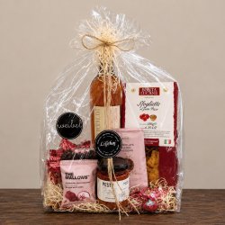Indhold i Gavepose 299 nr. 1 med ros�vin, pesto, Sfogliette, tr�fler og vingummi med chokolade