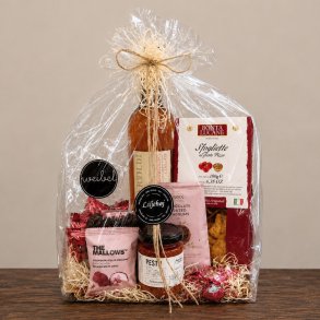 Indhold i Gavepose 299 nr. 1 med ros�vin, pesto, Sfogliette, tr�fler og vingummi med chokolade