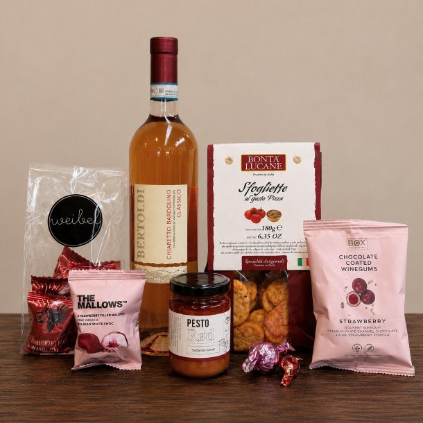 Gavepose 299 nr. 1 med ros�vin, pesto, Sfogliette, tr�fler og vingummi med chokolade fra Liljeh�j
