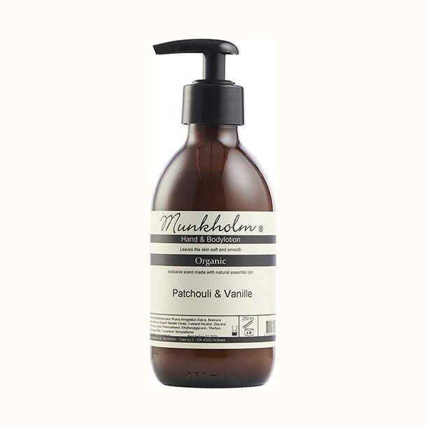 Munkholm Hand & Bodylotion Patchouli og Vanille 250 ml i glasflaske med pumpe