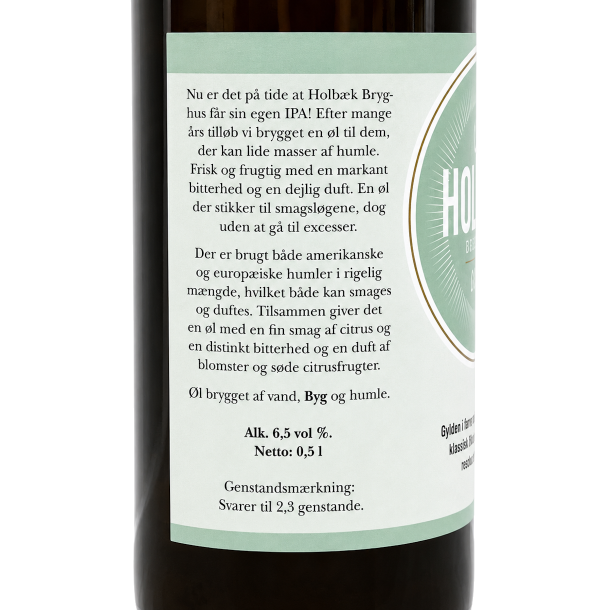 Holb�k Bryghus IPA med beskrivelse af �llets humler, citrusnoter og brygmetode