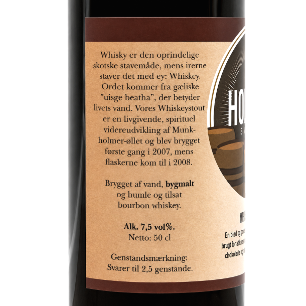 Holb�k Bryghus Whiskey Stout med historie om �llen samt brygget af vand, bygmalt, sukker, humle og bourbon whiskey