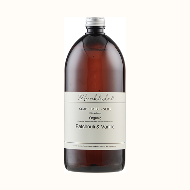 Munkholm h�nds�be genopfyldningsflaske 1 liter med Patchouli & Vanille og naturlige �teriske olier