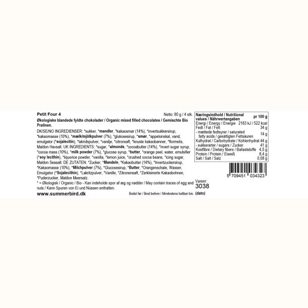 Ingrediensdeklaration p� Summerbird Petit Four 4, �kologisk chokolade